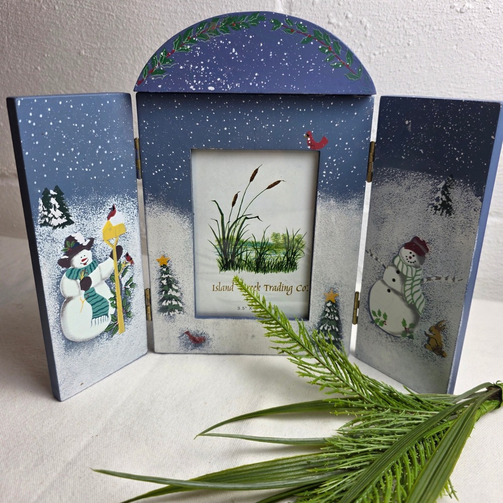 90s Island Creek Trading Co Snowman Triptych Wood Picture Frame 3.5x5 Winter NIB